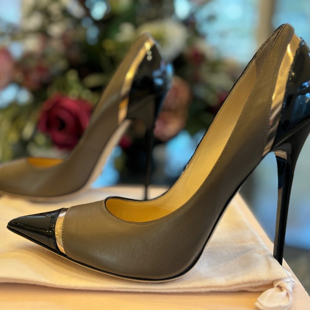 Jimmy Choo Anouk Taupe Black Patent Tipped Limit - Discontinued - EUC Euro 39.0